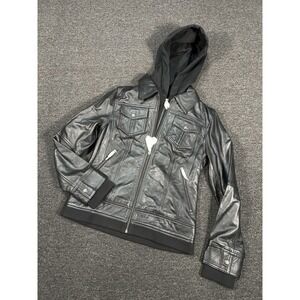 New Quince Sheep Leather Jacket Womens XS Black Removable Hood Full Zip Moto